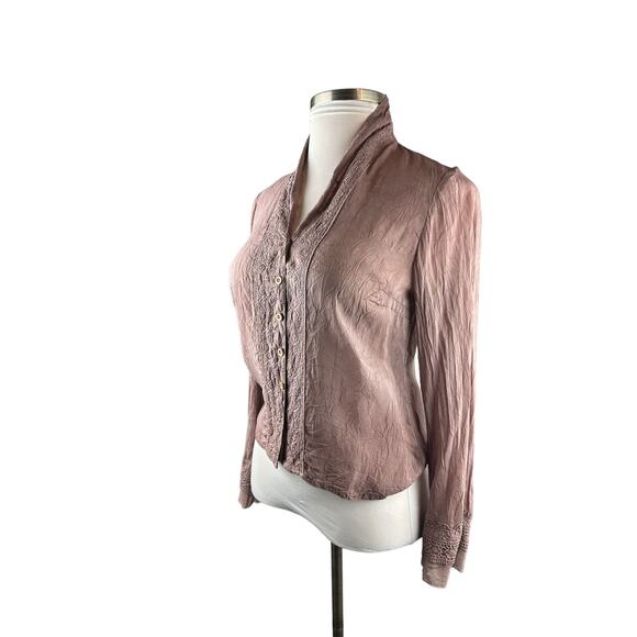 Johnny Was Embroidered Button Blouse Boho Crinkle Cotton Rayon Top Mauve Small - Picture 7 of 12